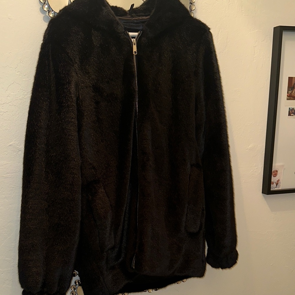 Helmut Lang Black Faux Fur Jacket with Hood EUC!